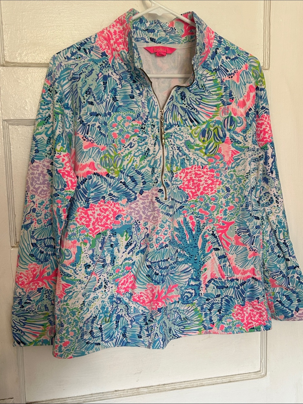 Vibrant Coral Reef Print Half-Zip Pullover - Pink & Blue